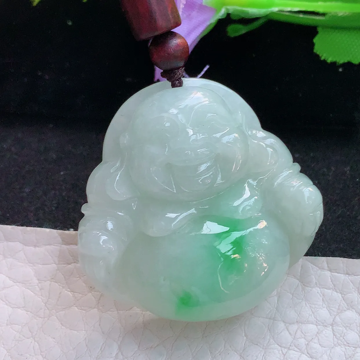 zen实拍38.2*40*12缅甸翡翠飘绿佛公 弥勒佛玉挂件 毛衣坠