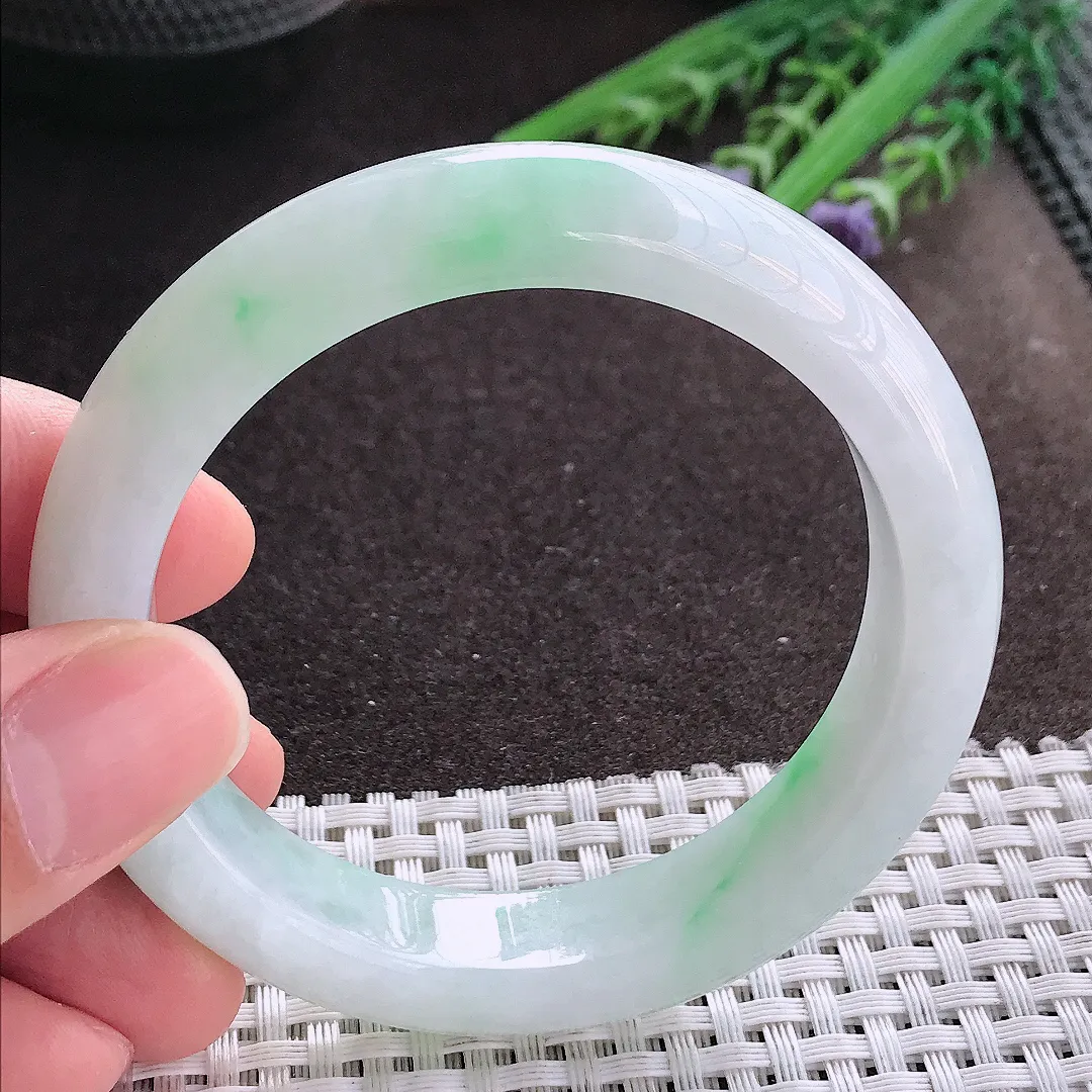 实拍A货翡翠55.5/12.7/8.8老坑冰润起胶飘阳绿手镯宽边玉镯手环