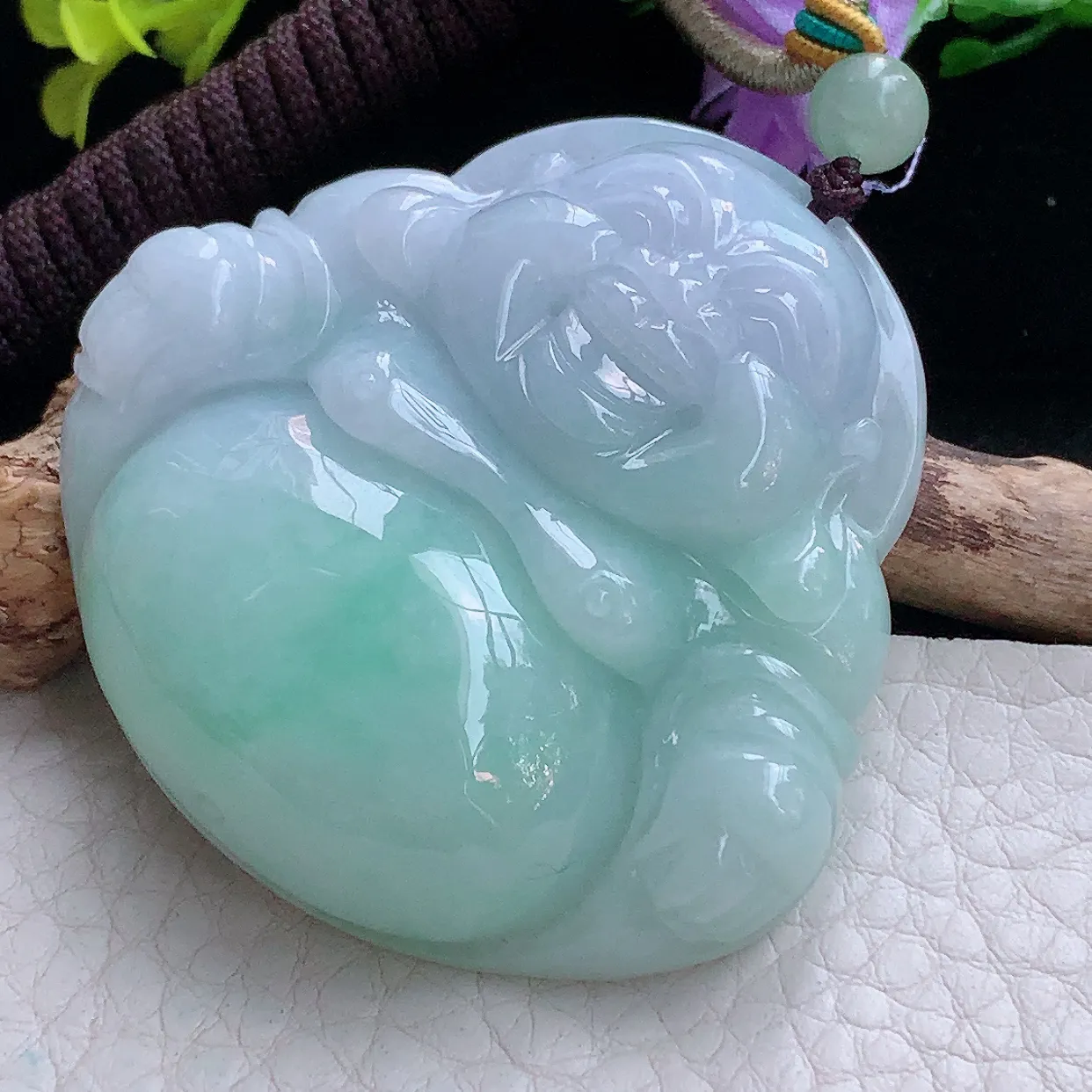 zen实拍48.2*50.2*12.2缅甸翡翠春带彩大佛公 弥勒佛玉挂件 毛衣坠