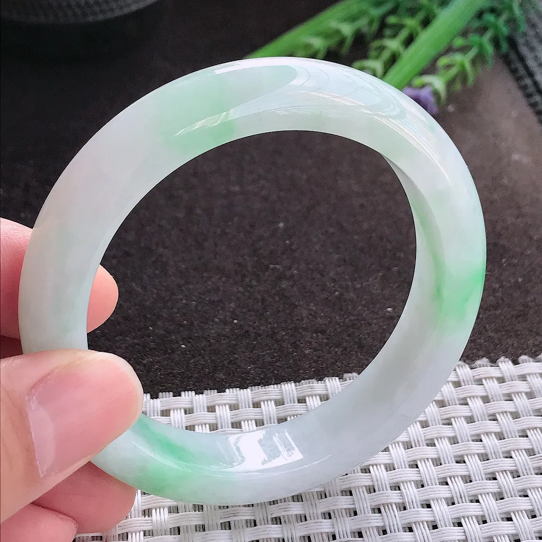 实拍A货翡翠55.5/12.7/8.8老坑冰润起胶飘阳绿手镯宽边玉镯手环