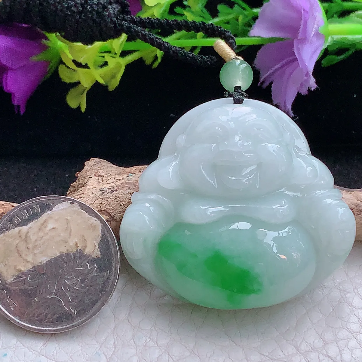 zen实拍39*43.5*10.8缅甸翡翠飘绿佛公 弥勒佛玉挂件 毛衣坠