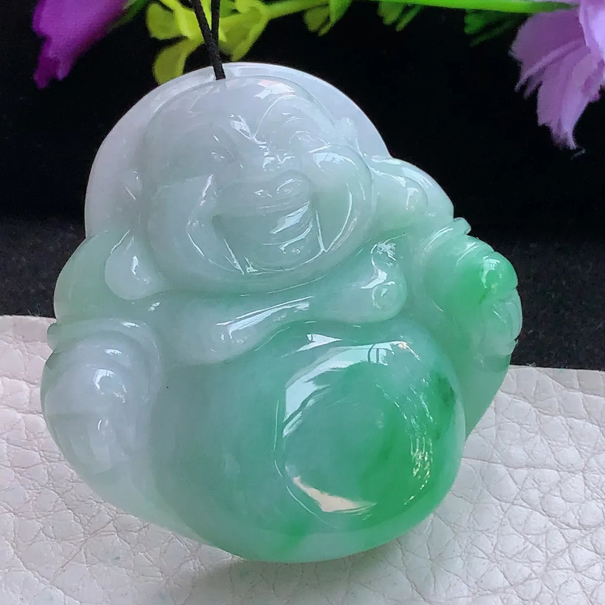 zen实拍47.3*47.8*12.5缅甸翡翠飘绿大佛公 开心佛玉挂件 毛衣坠