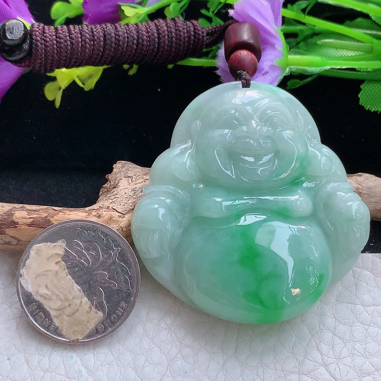 zen实拍50*49.5*12缅甸翡翠飘绿大佛公 弥勒佛玉挂件 毛衣坠