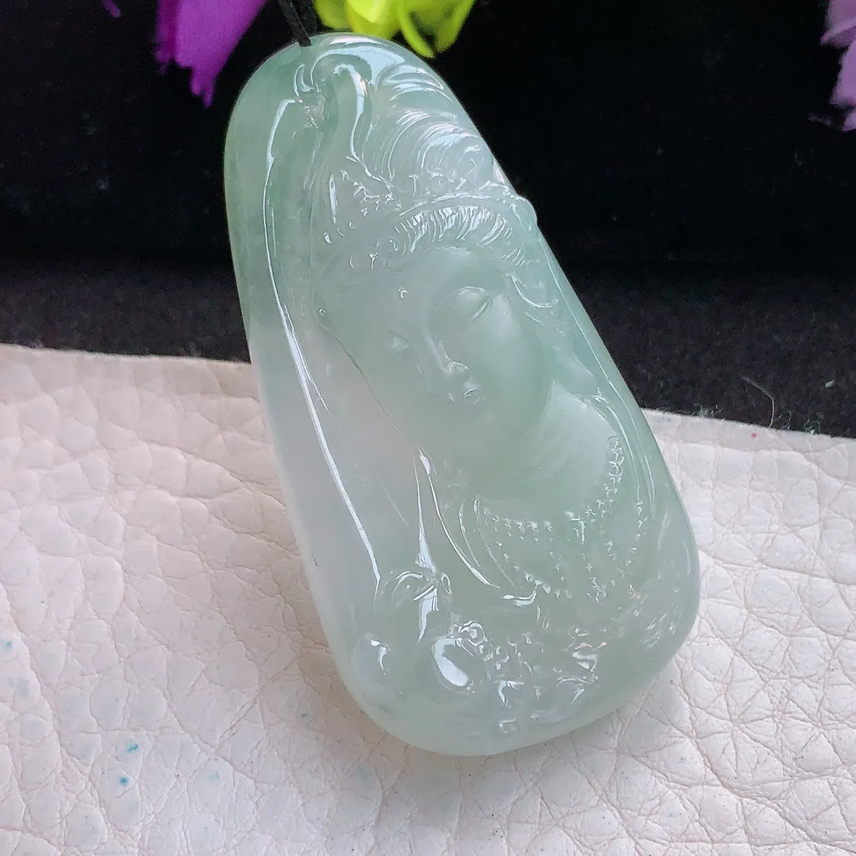 lz实拍51.6*27*8缅甸翡翠精雕冰晴观音首 赐福观音玉项坠 玉挂件