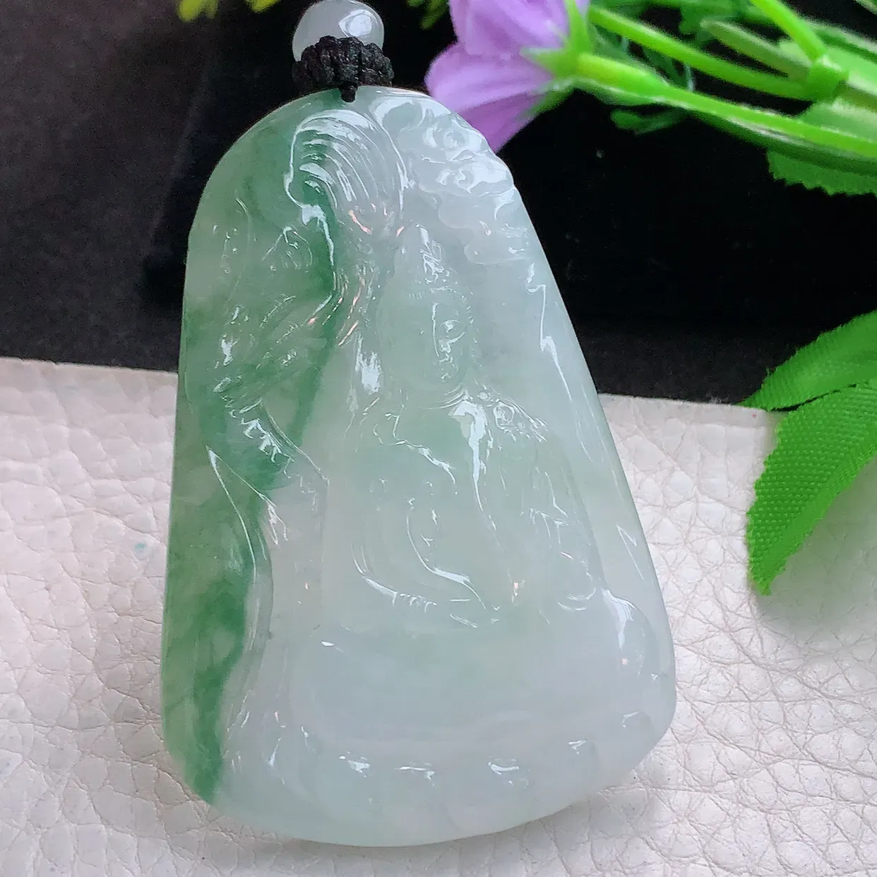 yl实拍62.8*42.6*6.2缅甸翡翠精雕冰飘花普贤菩萨 生肖守护神玉挂件