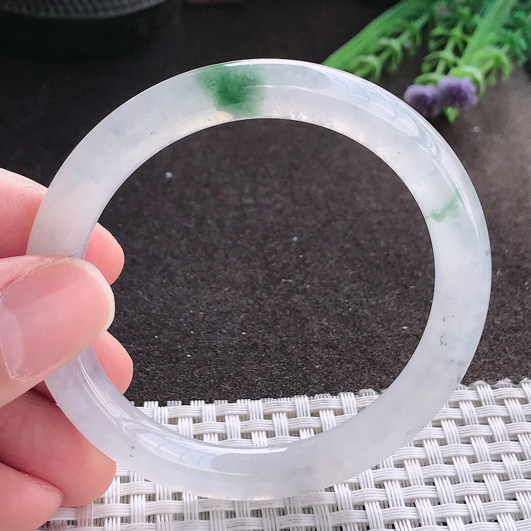 实拍A货翡翠54/8/8.5老坑冰透起胶冰飘花圆条手镯翡翠玉镯手环