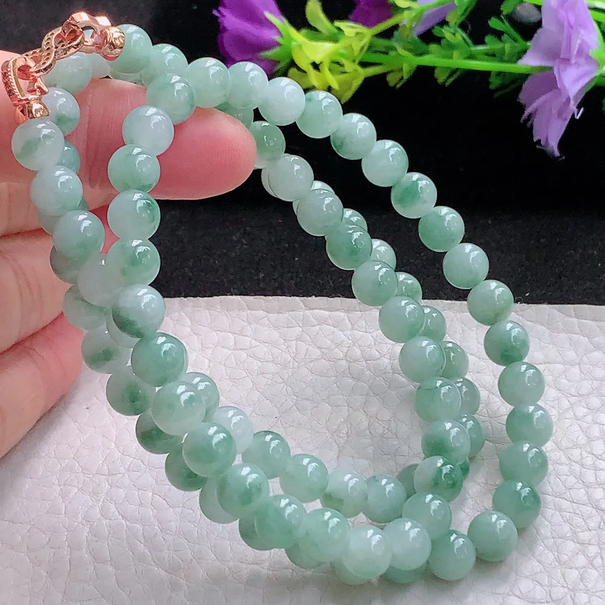 zen实拍 翡翠项链圆珠飘花7.2mm圆珠玉珠链 周长约650珠串手串