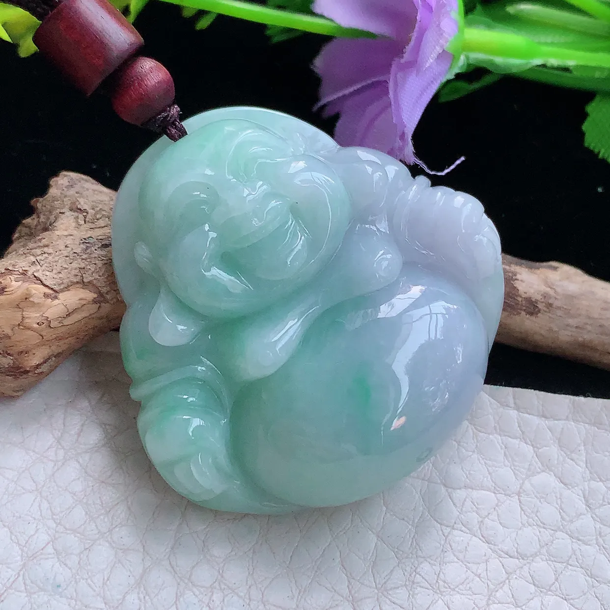 zen实拍41*41*13缅甸翡翠春带彩饱满大佛公 弥勒佛玉挂件 毛衣坠