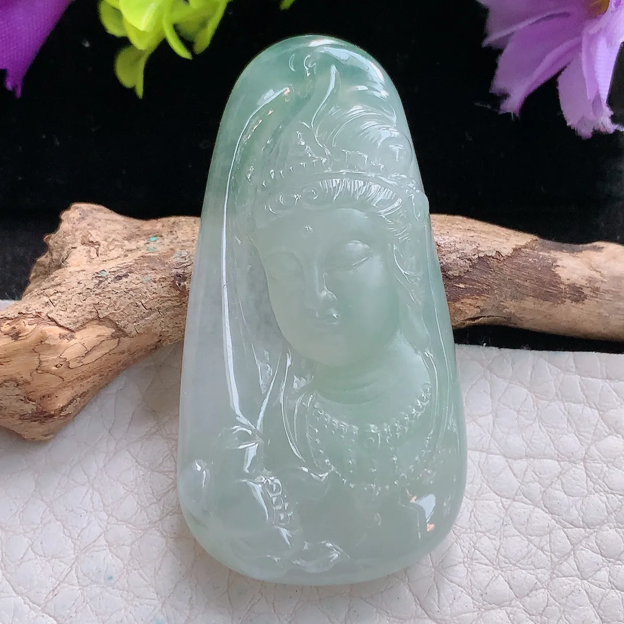 lz实拍51.6*27*8缅甸翡翠精雕冰晴观音首 赐福观音玉项坠 玉挂件