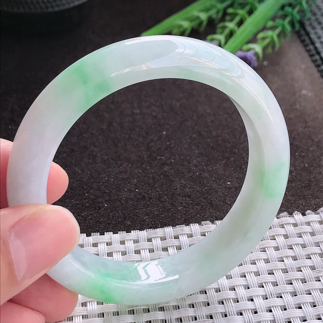 实拍A货翡翠55.5/12.7/8.8老坑冰润起胶飘阳绿手镯宽边玉镯手环