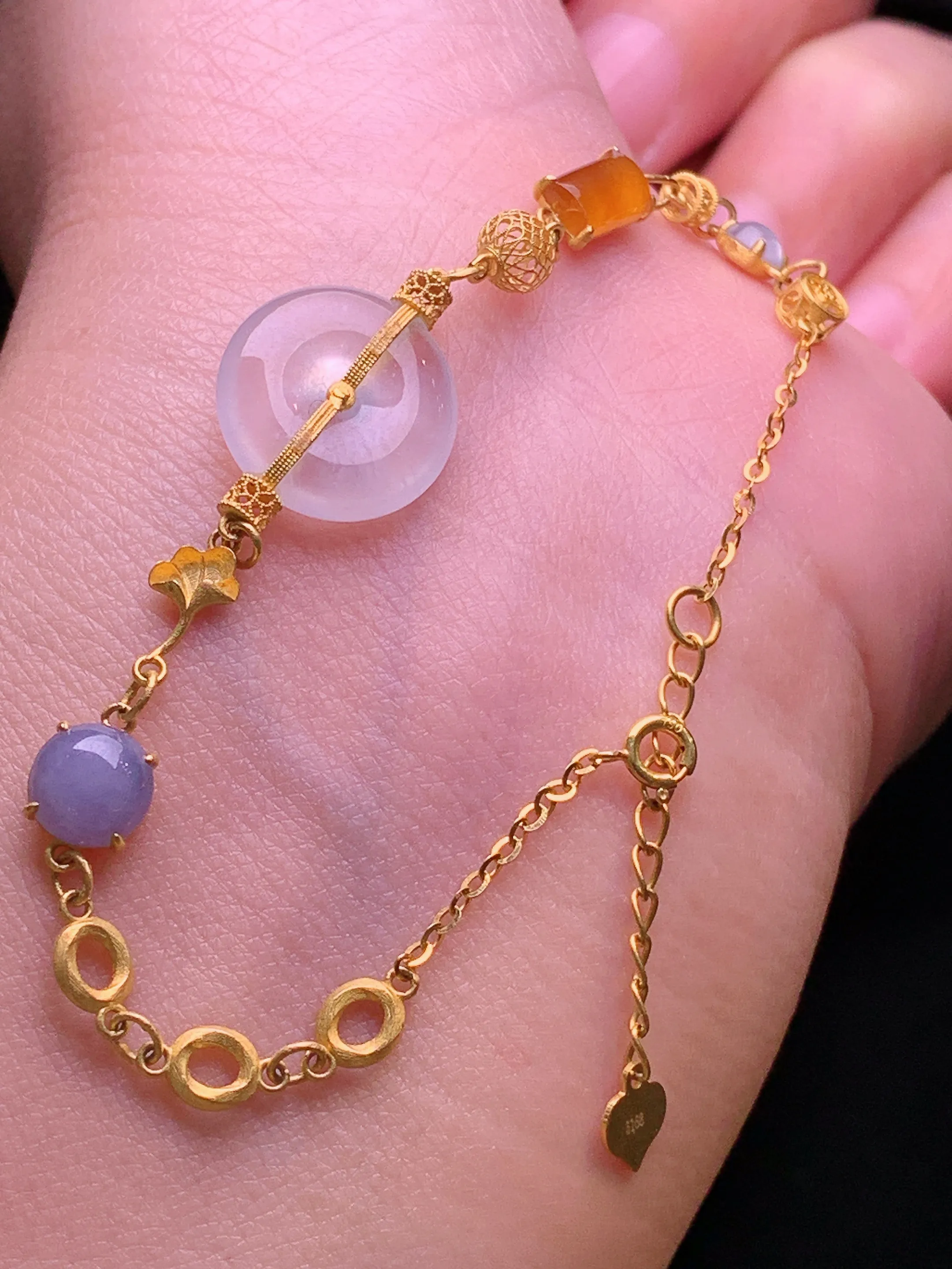 18k金镶嵌冰种平安扣手链 玉质细腻 色泽清新艳丽 整体尺寸12.8*3.5