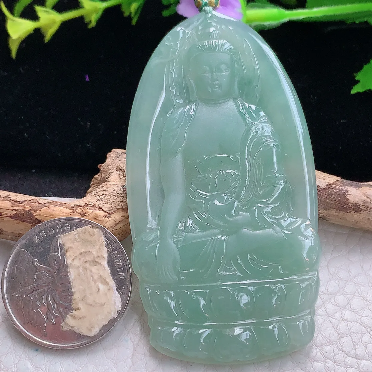 yn实拍72*37*4.8缅甸翡翠精雕冰晴观音菩萨 玉观音玉项坠 玉挂件