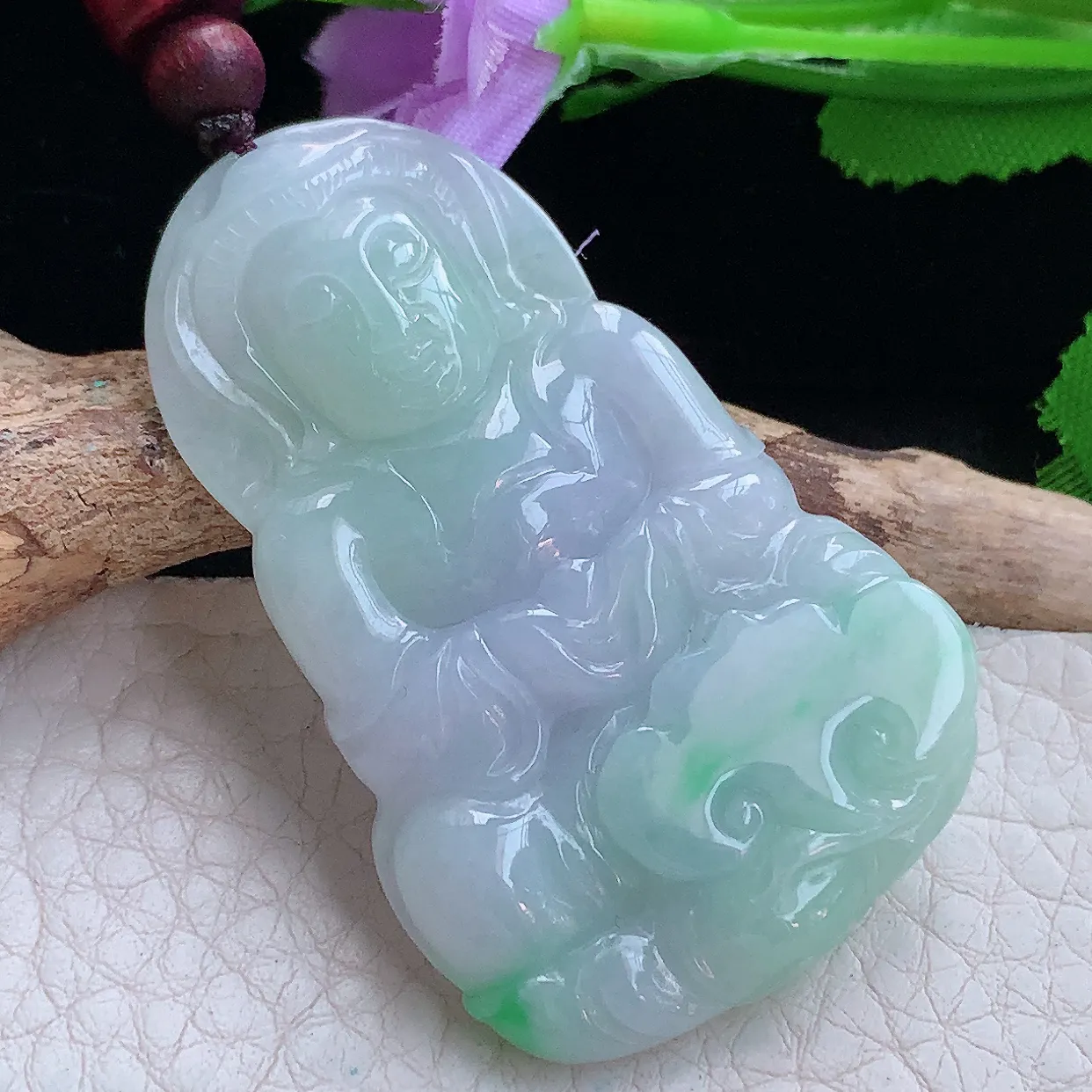 zen实拍51.2*32.3*6缅甸翡翠春带彩正庄观音 玉观音玉挂件 毛衣坠