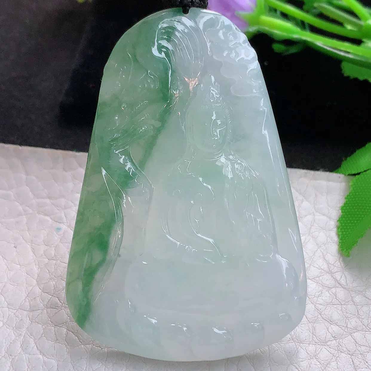 yl实拍62.8*42.6*6.2缅甸翡翠精雕冰飘花普贤菩萨 生肖守护神玉挂件