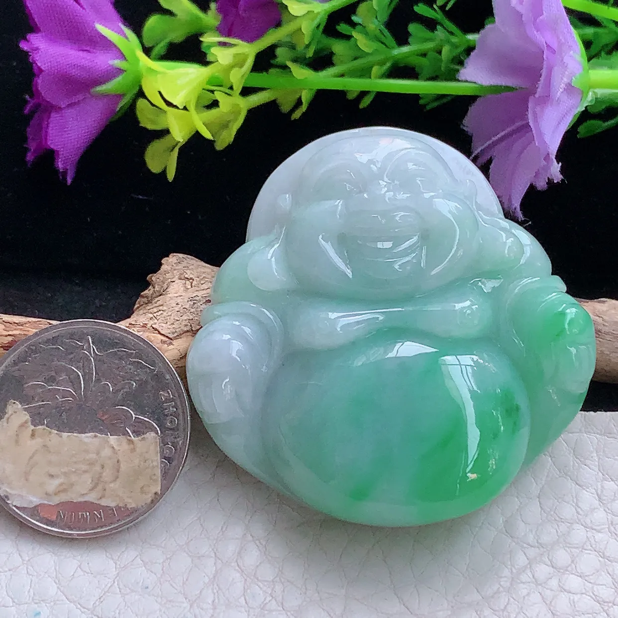 zen实拍47.3*47.8*12.5缅甸翡翠飘绿大佛公 开心佛玉挂件 毛衣坠