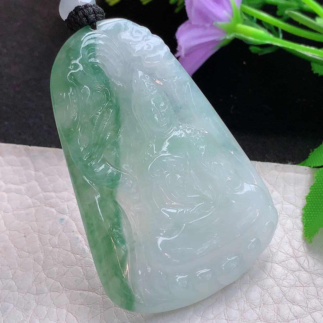 yl实拍62.8*42.6*6.2缅甸翡翠精雕冰飘花普贤菩萨 生肖守护神玉挂件