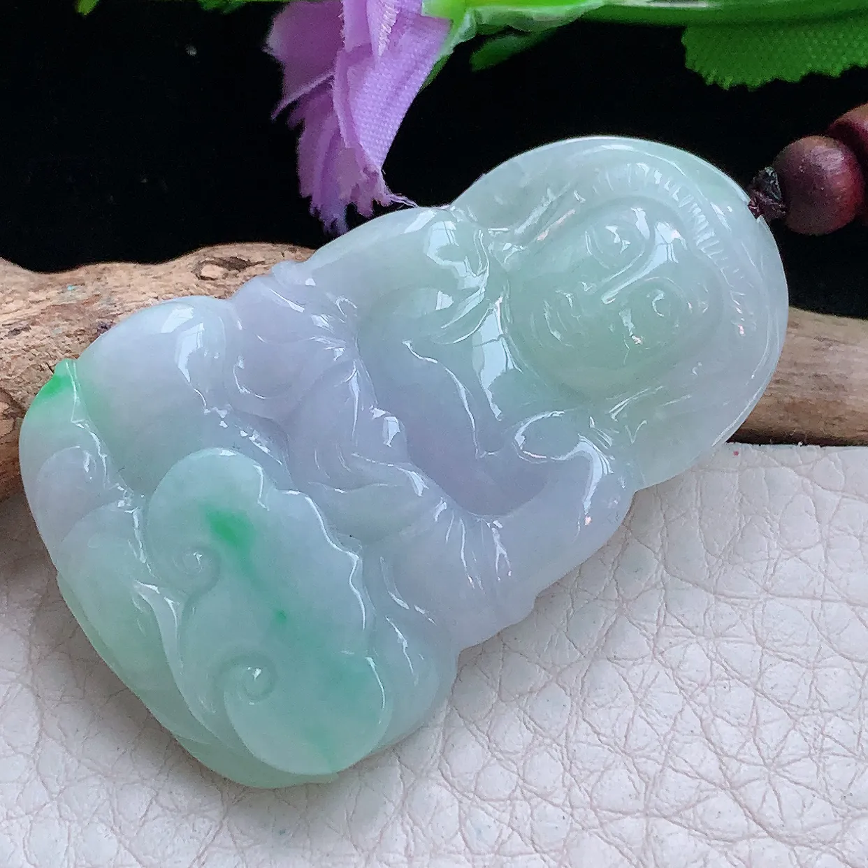 zen实拍51.2*32.3*6缅甸翡翠春带彩正庄观音 玉观音玉挂件 毛衣坠