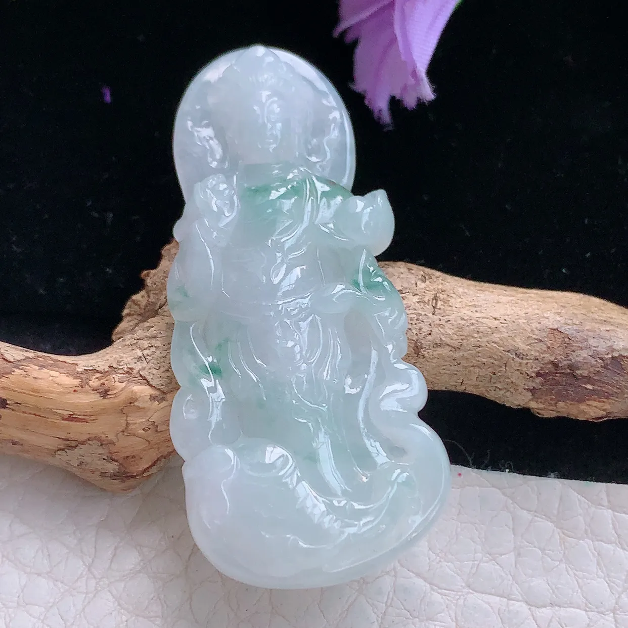 yn实拍50.8*22.8*5.3缅甸翡翠精雕冰飘花自在观音 站观音玉项坠 玉挂件