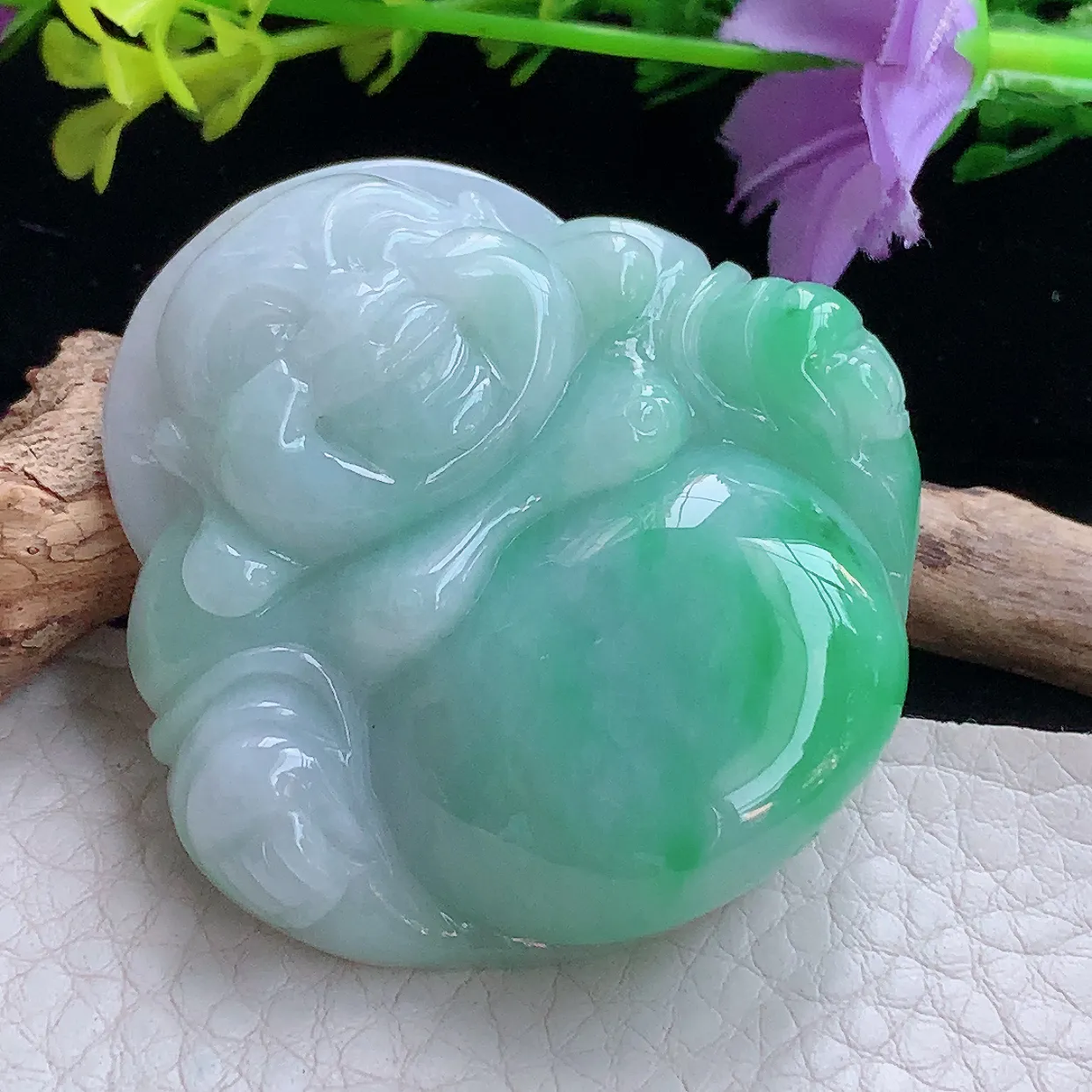 zen实拍47.3*47.8*12.5缅甸翡翠飘绿大佛公 开心佛玉挂件 毛衣坠