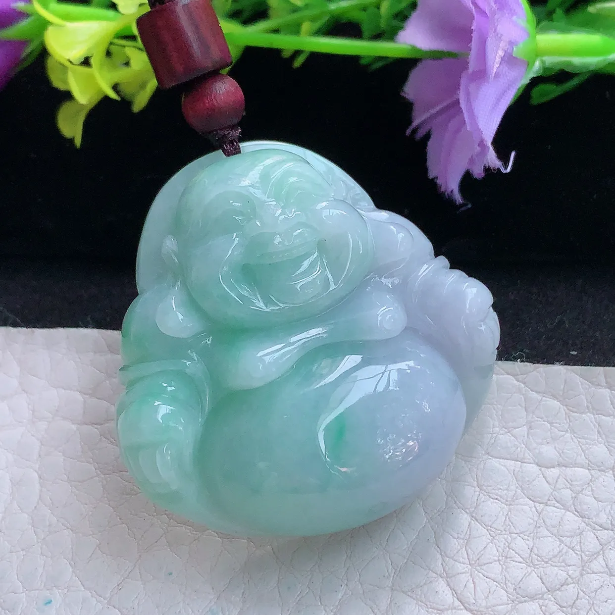 zen实拍41*41*13缅甸翡翠春带彩饱满大佛公 弥勒佛玉挂件 毛衣坠