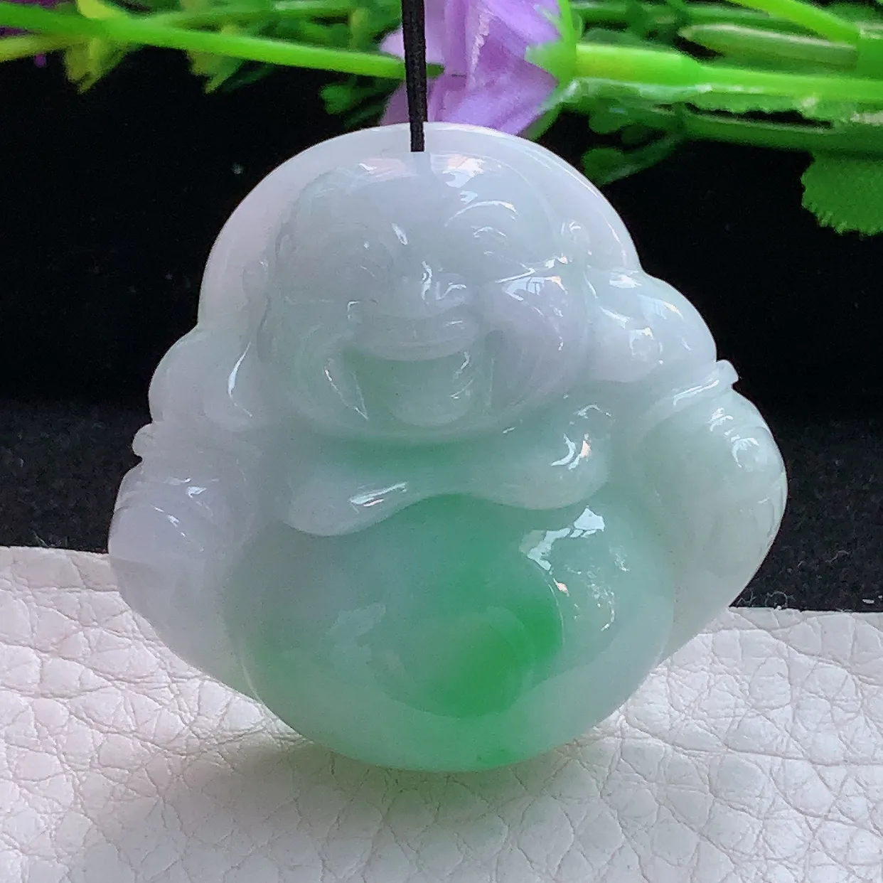 zen实拍39*41.8*12.5缅甸翡翠春带彩佛公 弥勒佛玉挂件 毛衣坠