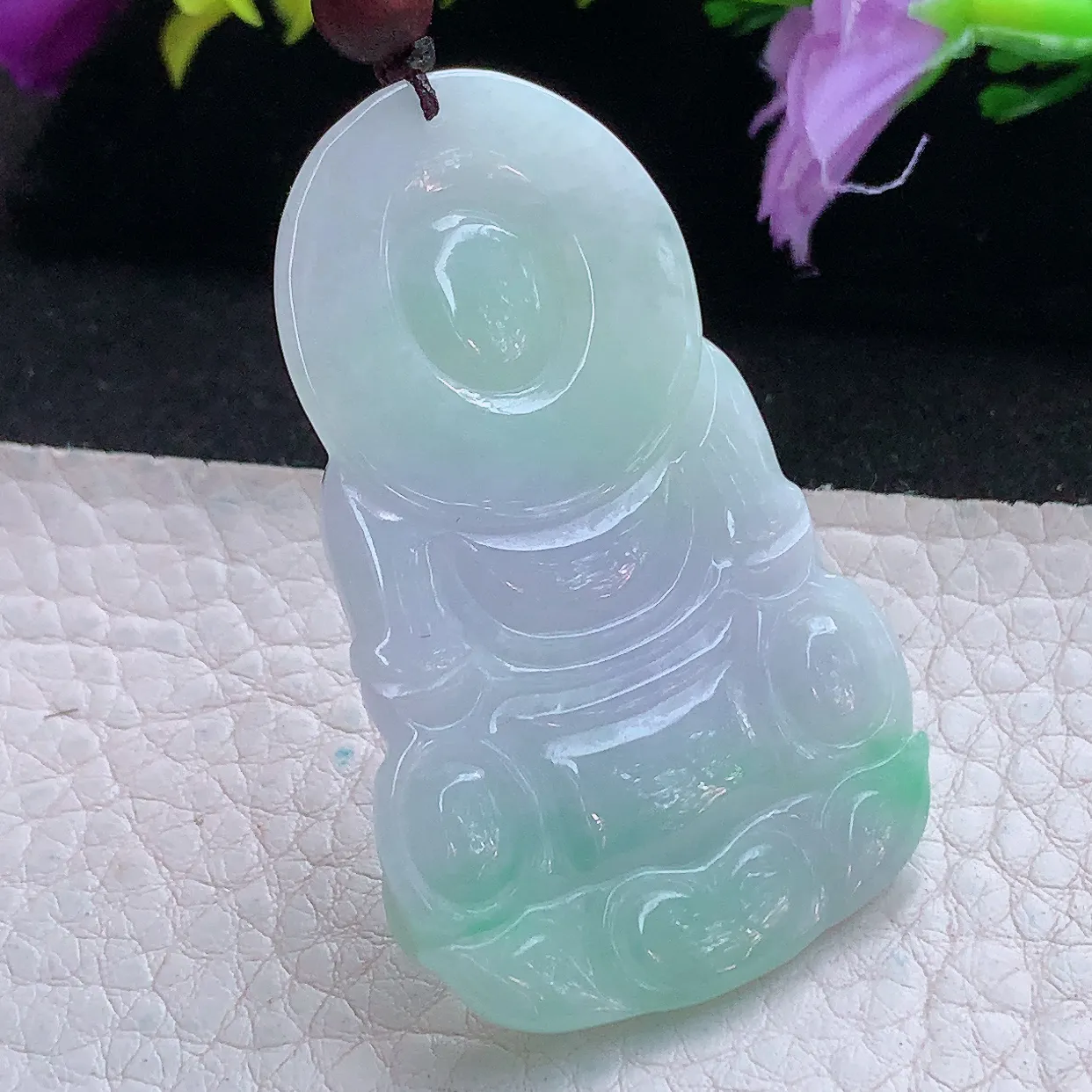 zen实拍51.2*32.3*6缅甸翡翠春带彩正庄观音 玉观音玉挂件 毛衣坠