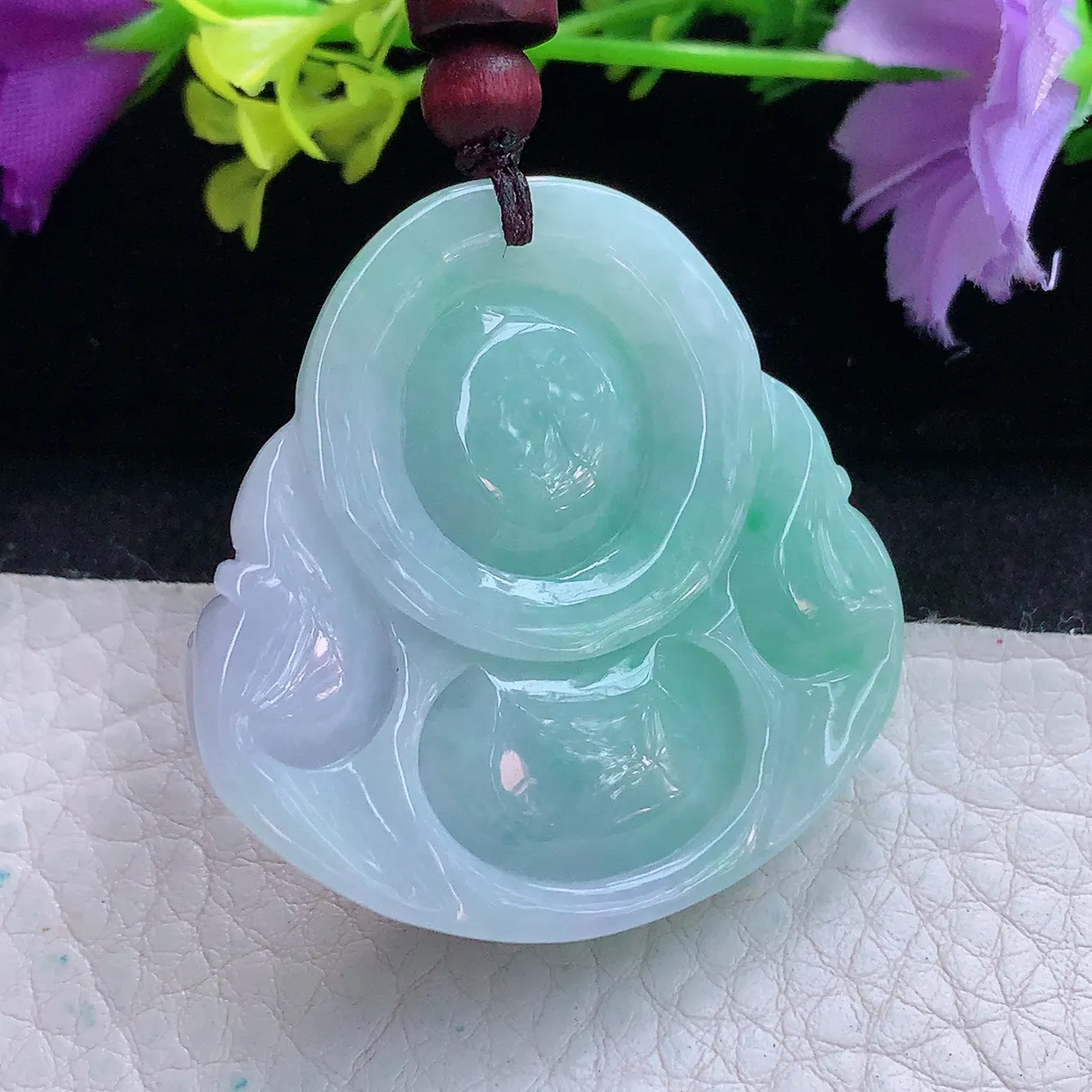 zen实拍41*41*13缅甸翡翠春带彩饱满大佛公 弥勒佛玉挂件 毛衣坠