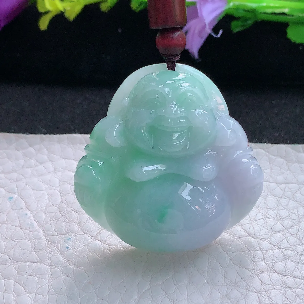 zen实拍41*41*13缅甸翡翠春带彩饱满大佛公 弥勒佛玉挂件 毛衣坠