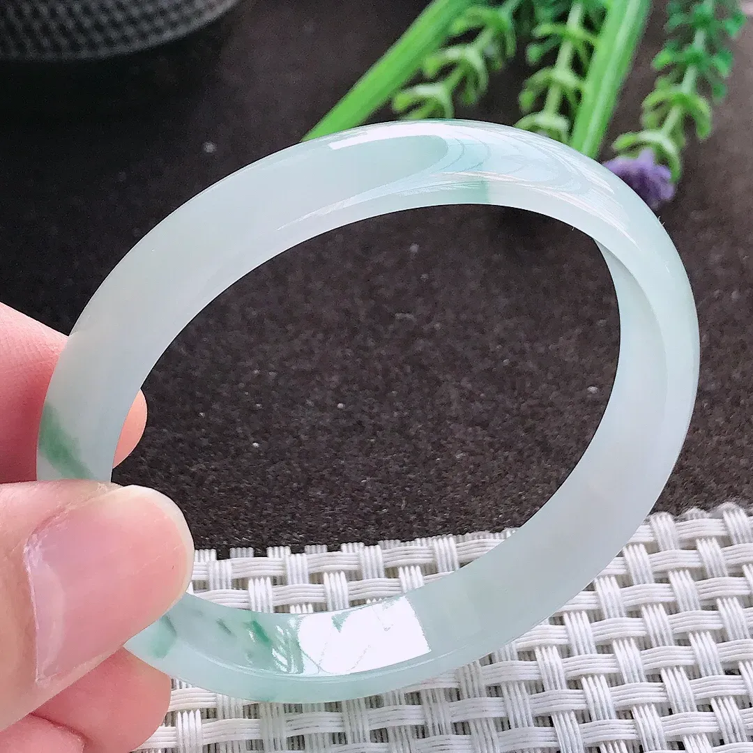 实拍A货翡翠53.5/49.5/11/5.5老坑冰胶飘花贵妃手镯宽边玉镯手环