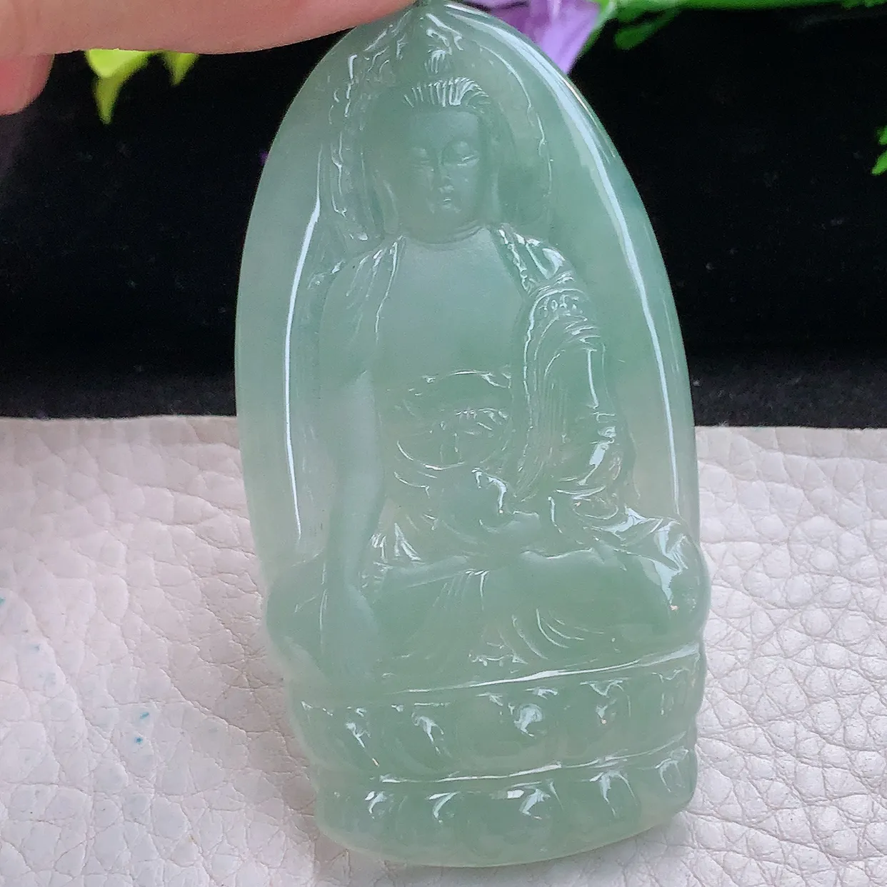 yn实拍72*37*4.8缅甸翡翠精雕冰晴观音菩萨 玉观音玉项坠 玉挂件