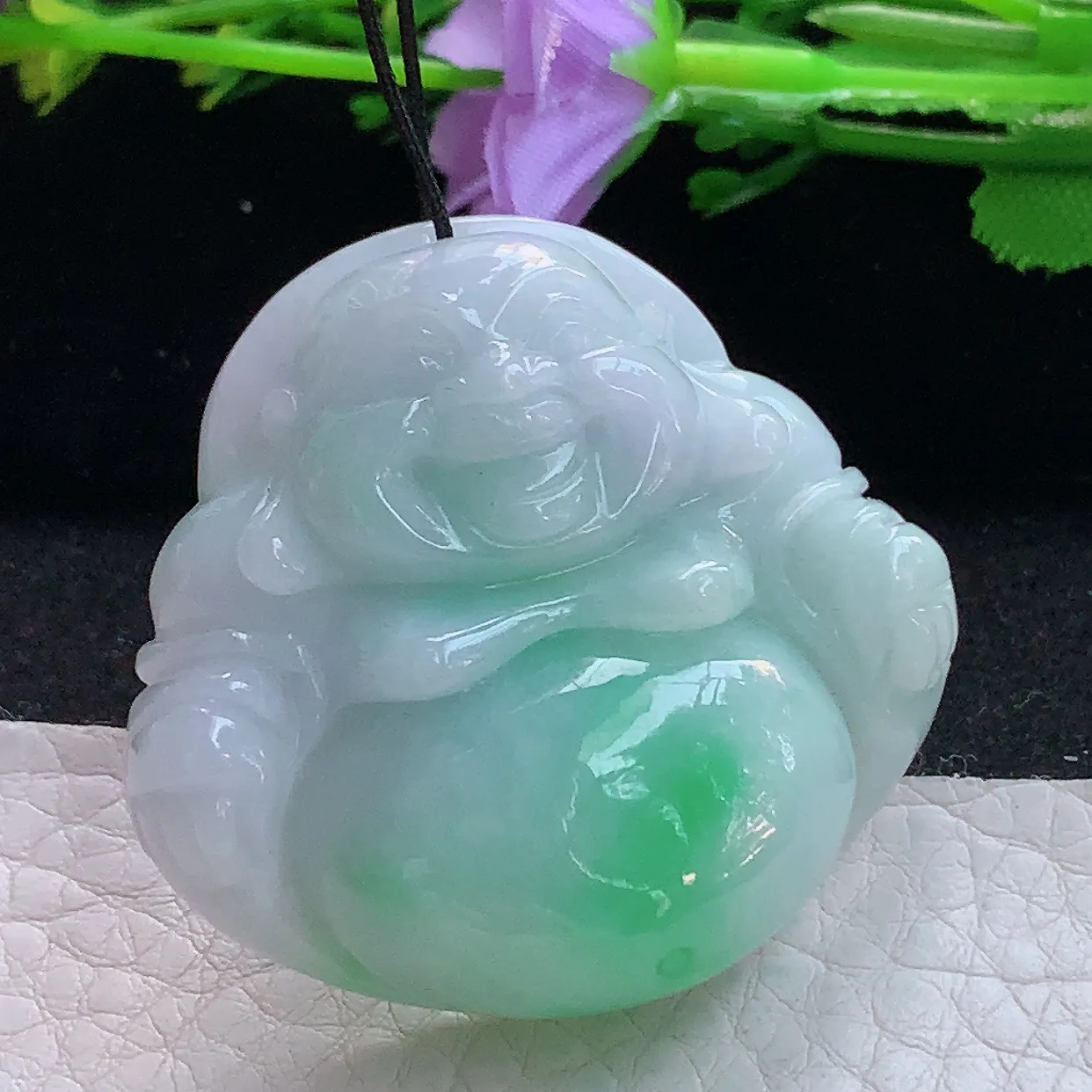 zen实拍39*41.8*12.5缅甸翡翠春带彩佛公 弥勒佛玉挂件 毛衣坠