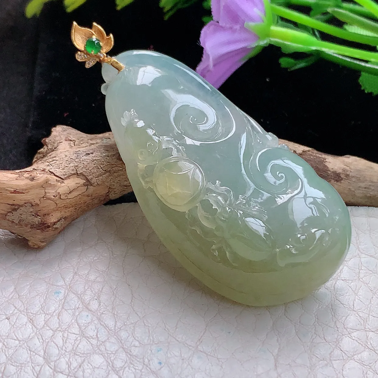 yl实拍53.3*27.5*13.6缅甸翡翠精雕冰双彩富甲天下玉项坠 玉挂件