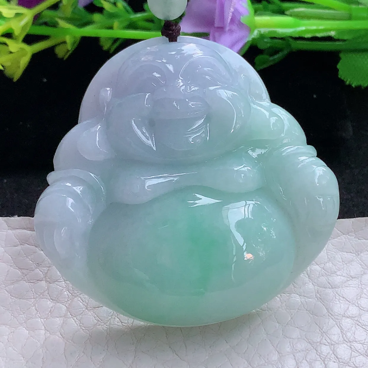 zen实拍48.2*50.2*12.2缅甸翡翠春带彩大佛公 弥勒佛玉挂件 毛衣坠