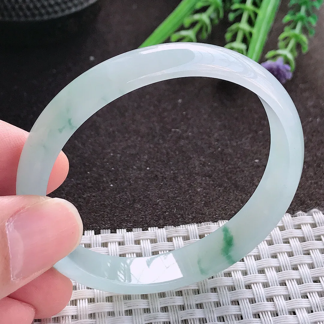 实拍A货翡翠53.5/49.5/11/5.5老坑冰胶飘花贵妃手镯宽边玉镯手环