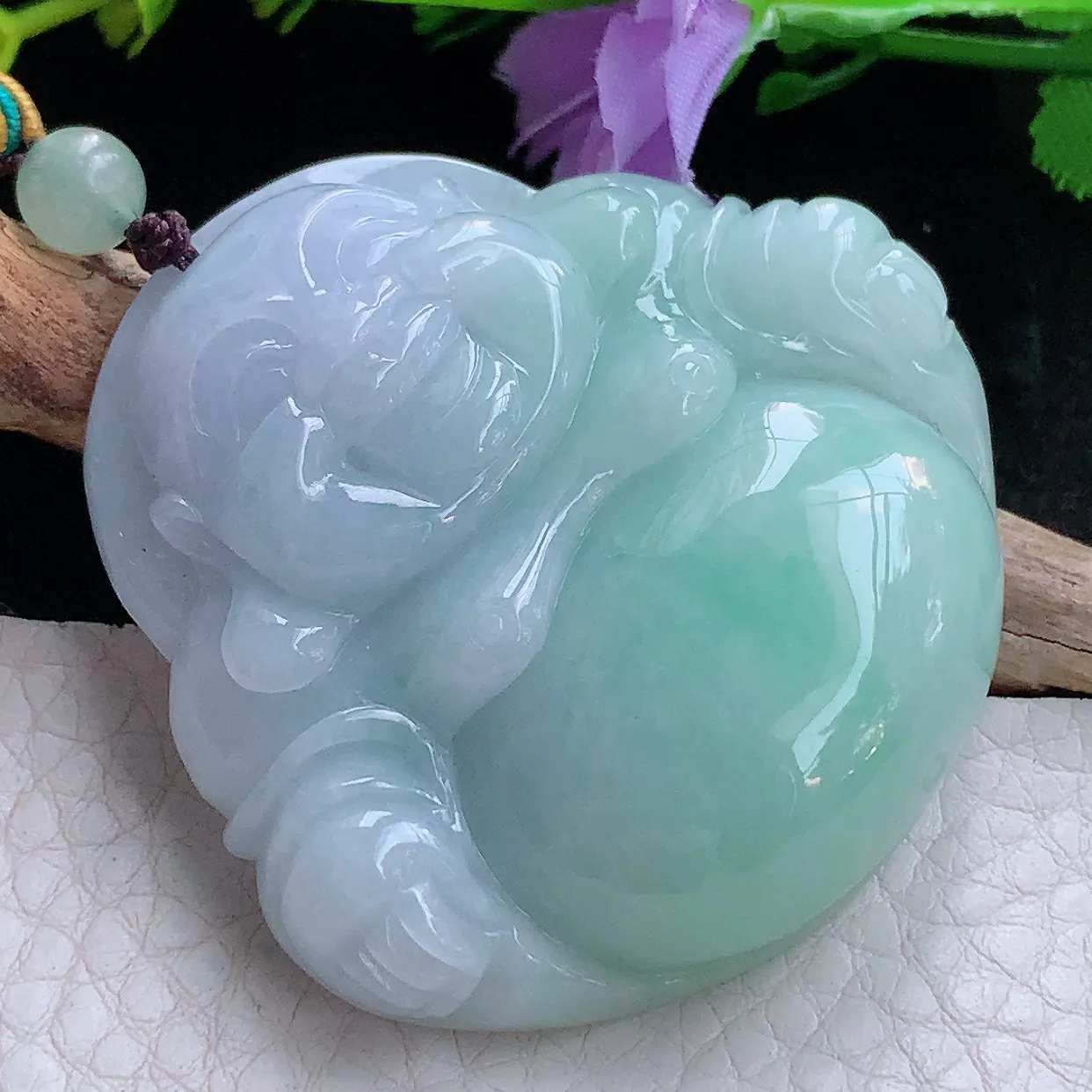 zen实拍48.2*50.2*12.2缅甸翡翠春带彩大佛公 弥勒佛玉挂件 毛衣坠