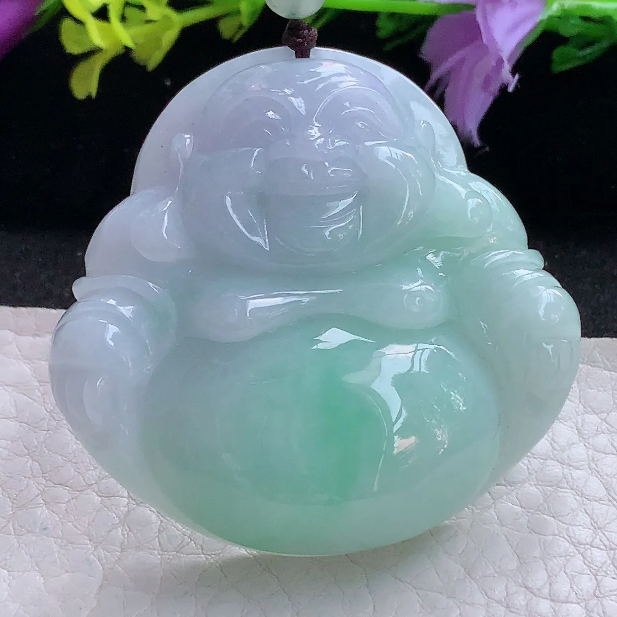 zen实拍48.2*50.2*12.2缅甸翡翠春带彩大佛公 弥勒佛玉挂件 毛衣坠