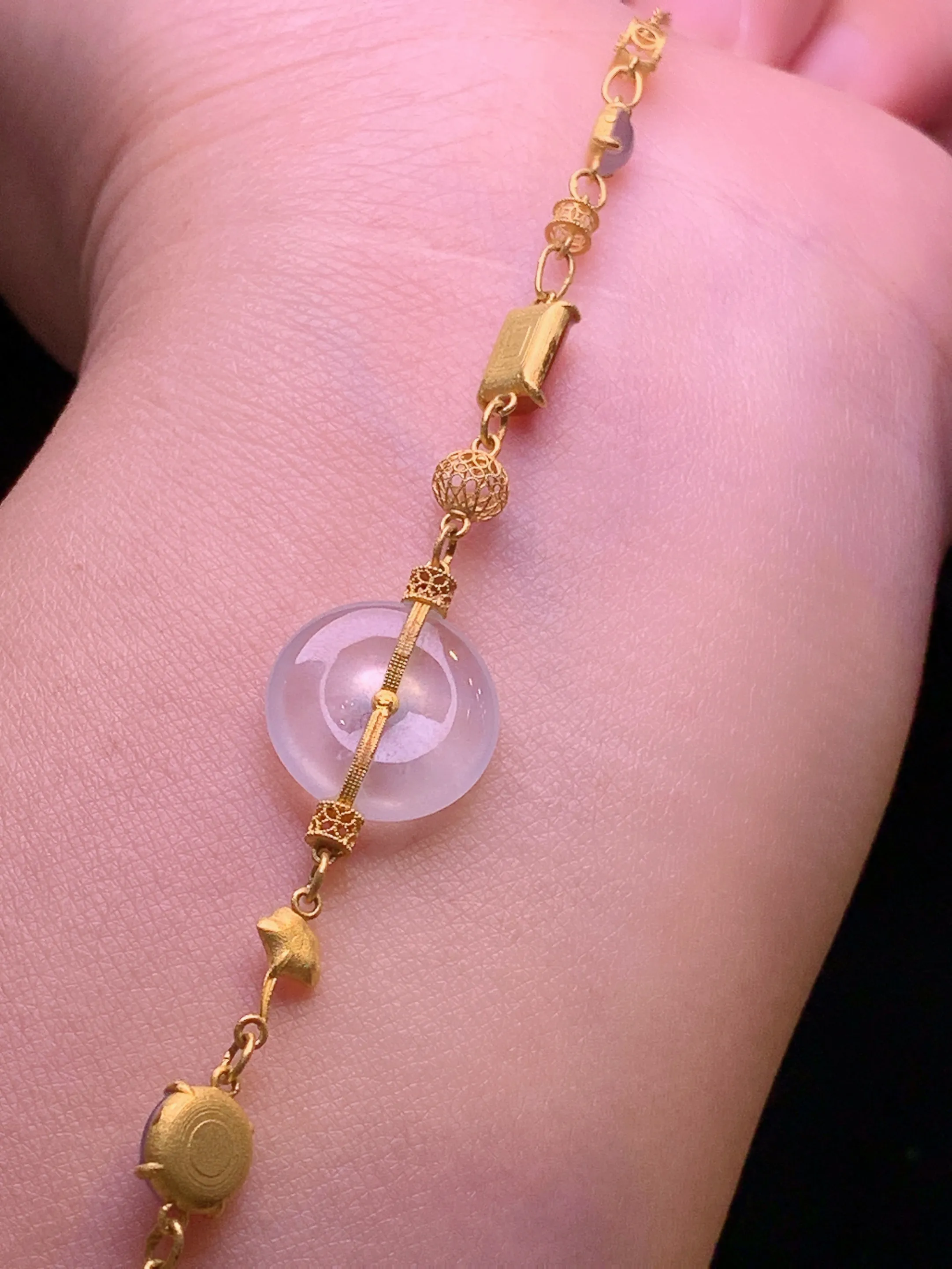 18k金镶嵌冰种平安扣手链 玉质细腻 色泽清新艳丽 整体尺寸12.8*3.5