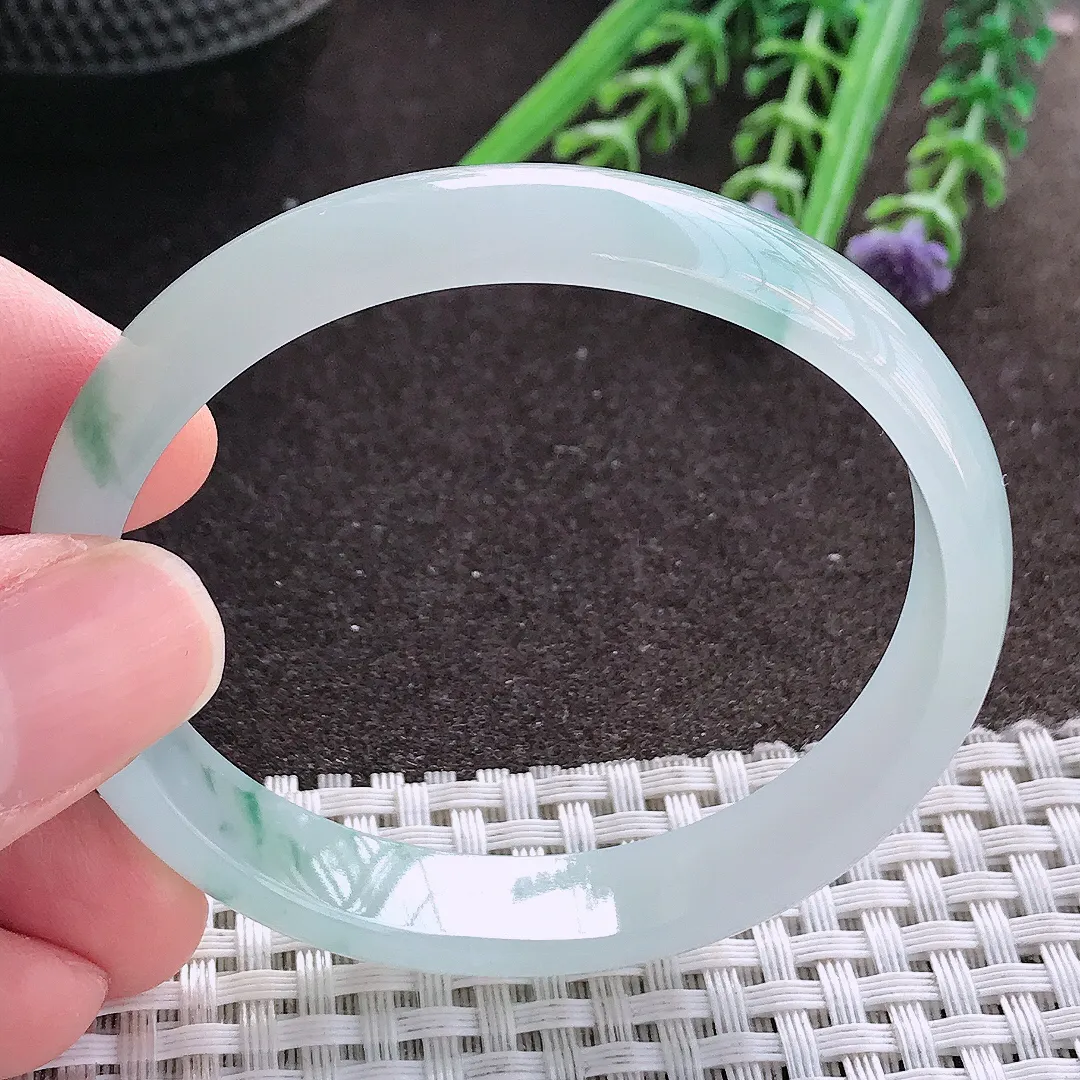 实拍A货翡翠53.5/49.5/11/5.5老坑冰胶飘花贵妃手镯宽边玉镯手环