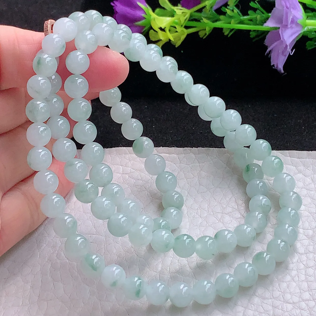 zen实拍 翡翠项链圆珠清新飘花7.2mm圆珠玉珠链 周长约650珠串手串