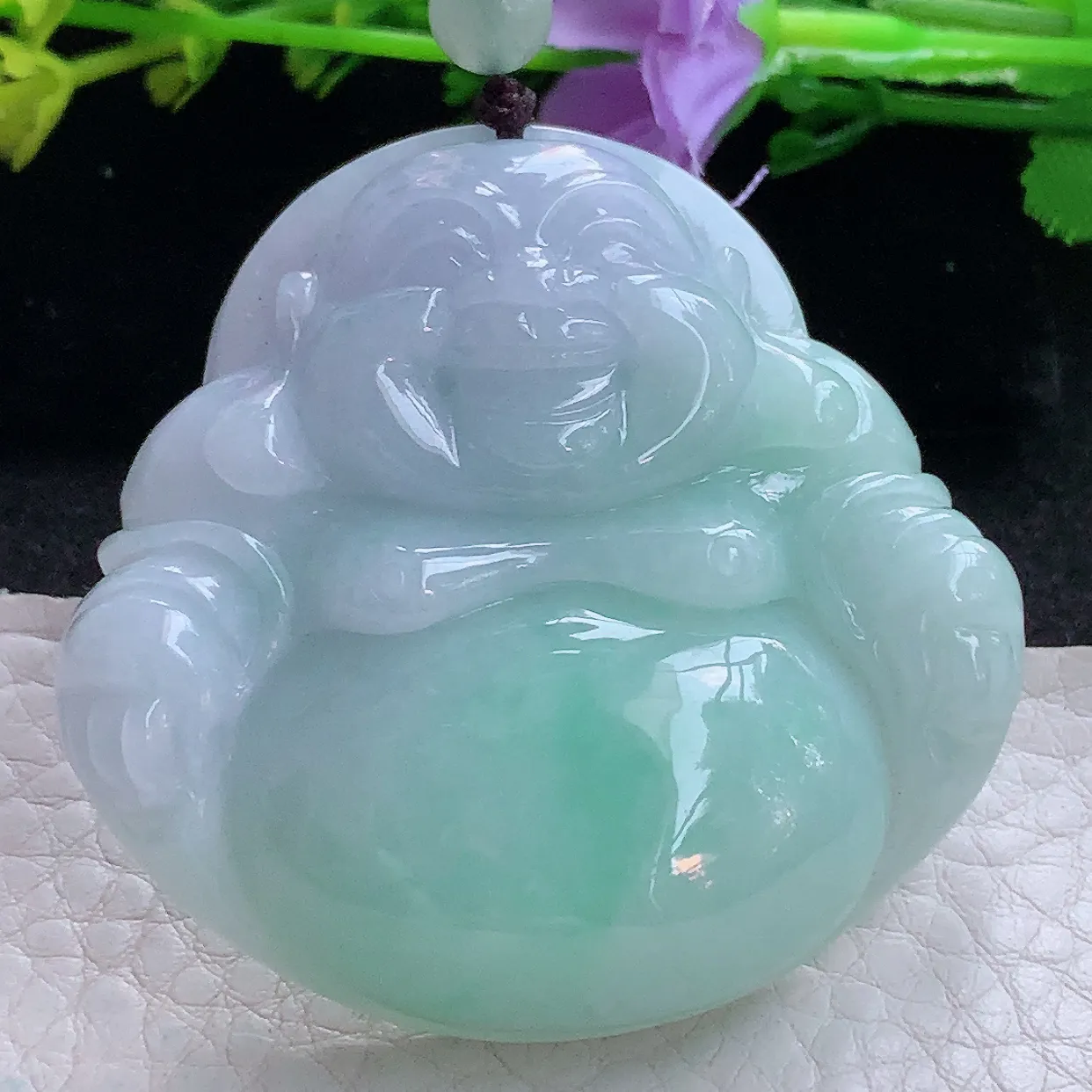 zen实拍48.2*50.2*12.2缅甸翡翠春带彩大佛公 弥勒佛玉挂件 毛衣坠