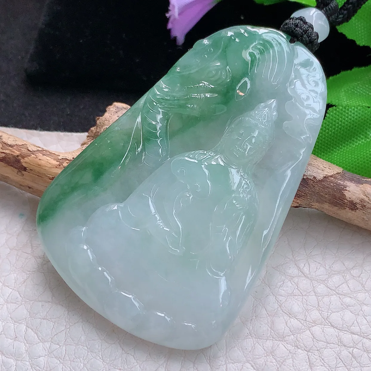 yl实拍62.8*42.6*6.2缅甸翡翠精雕冰飘花普贤菩萨 生肖守护神玉挂件