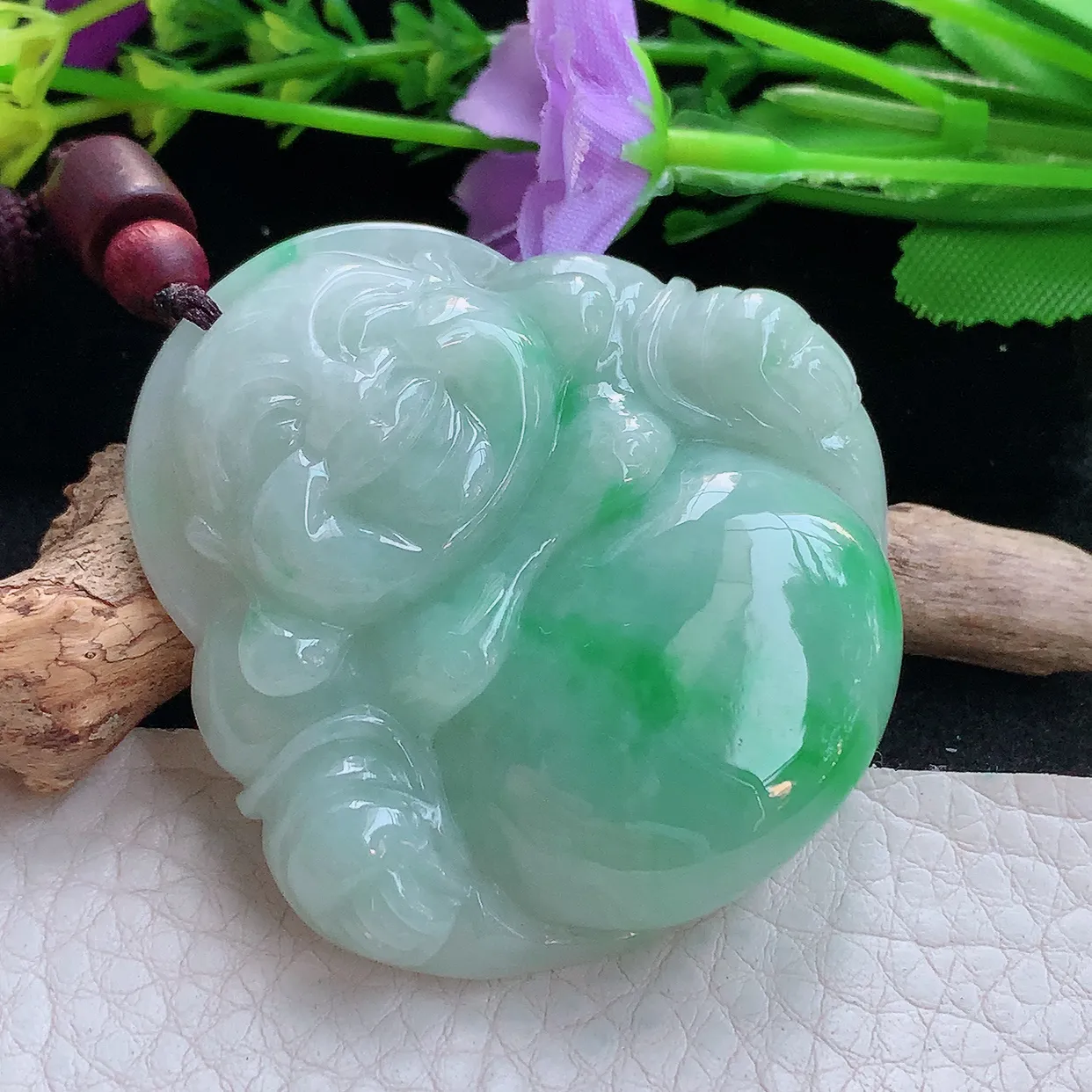 zen实拍50*49.5*12缅甸翡翠飘绿大佛公 弥勒佛玉挂件 毛衣坠