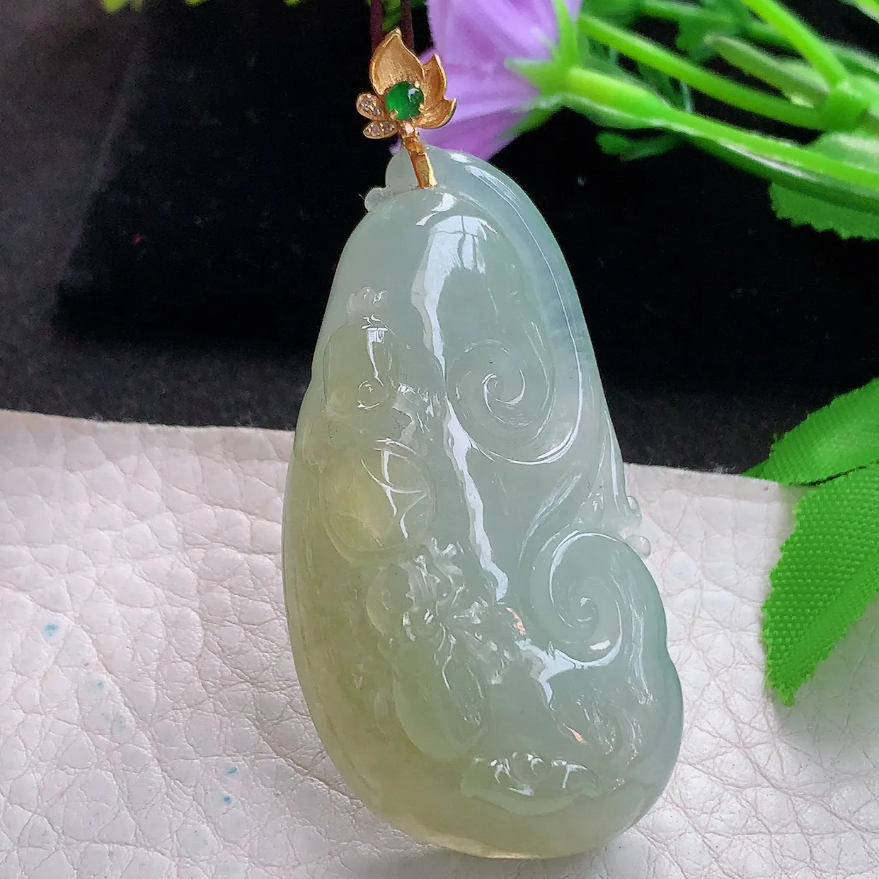 yl实拍53.3*27.5*13.6缅甸翡翠精雕冰双彩富甲天下玉项坠 玉挂件