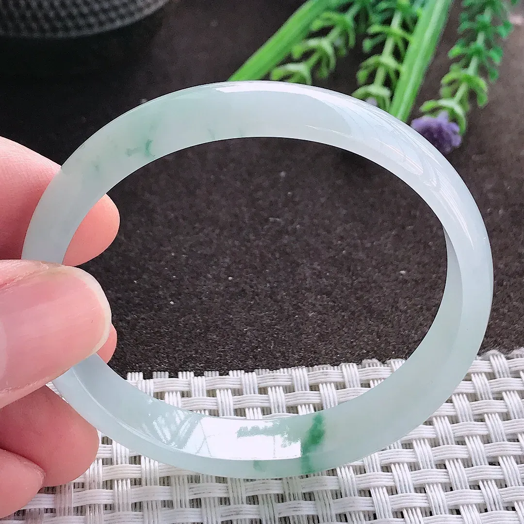 实拍A货翡翠53.5/49.5/11/5.5老坑冰胶飘花贵妃手镯宽边玉镯手环