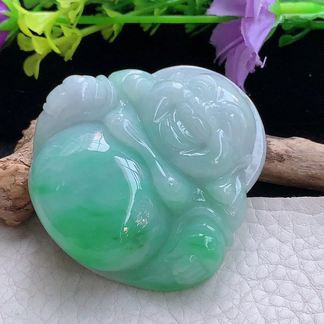 zen实拍47.3*47.8*12.5缅甸翡翠飘绿大佛公 开心佛玉挂件 毛衣坠