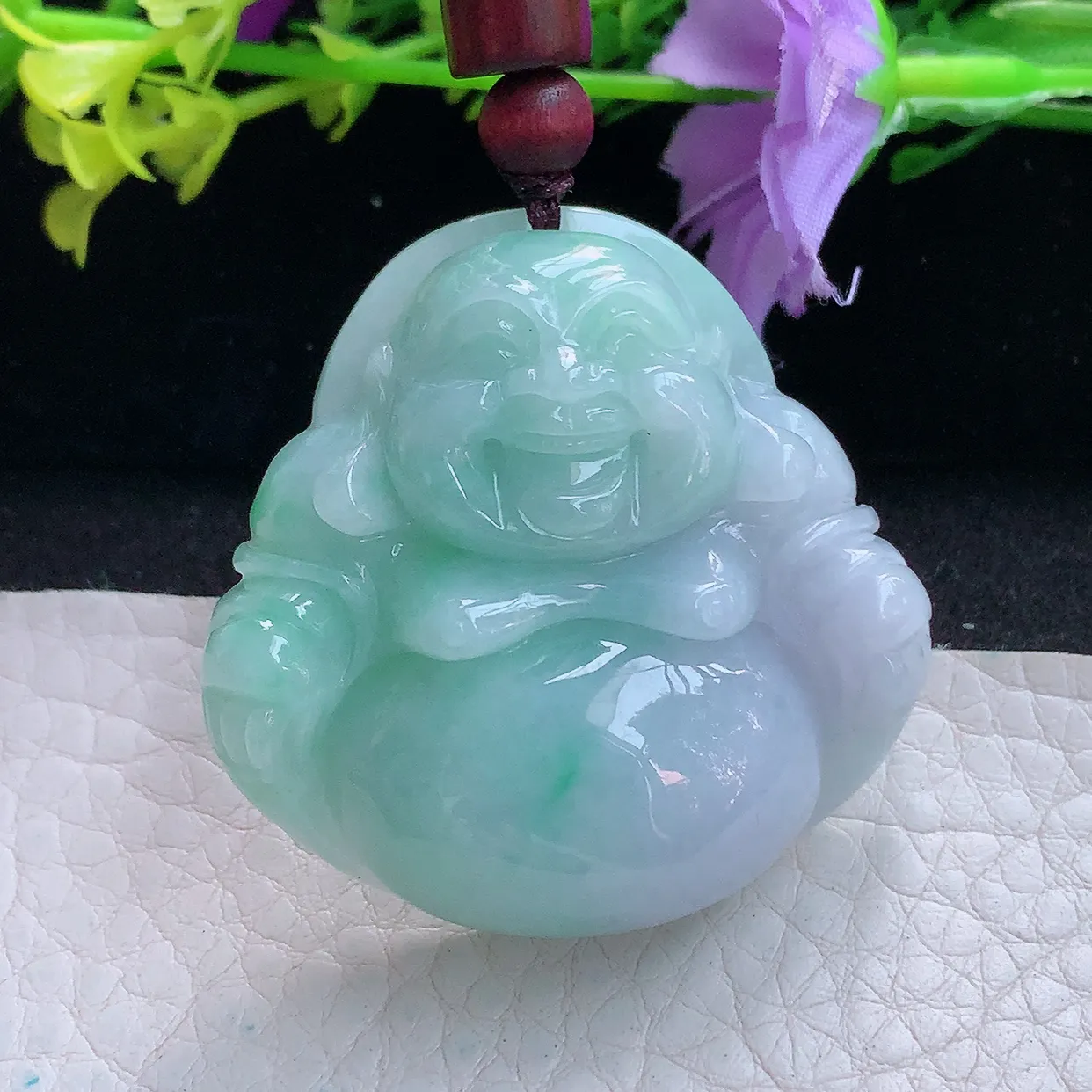zen实拍41*41*13缅甸翡翠春带彩饱满大佛公 弥勒佛玉挂件 毛衣坠