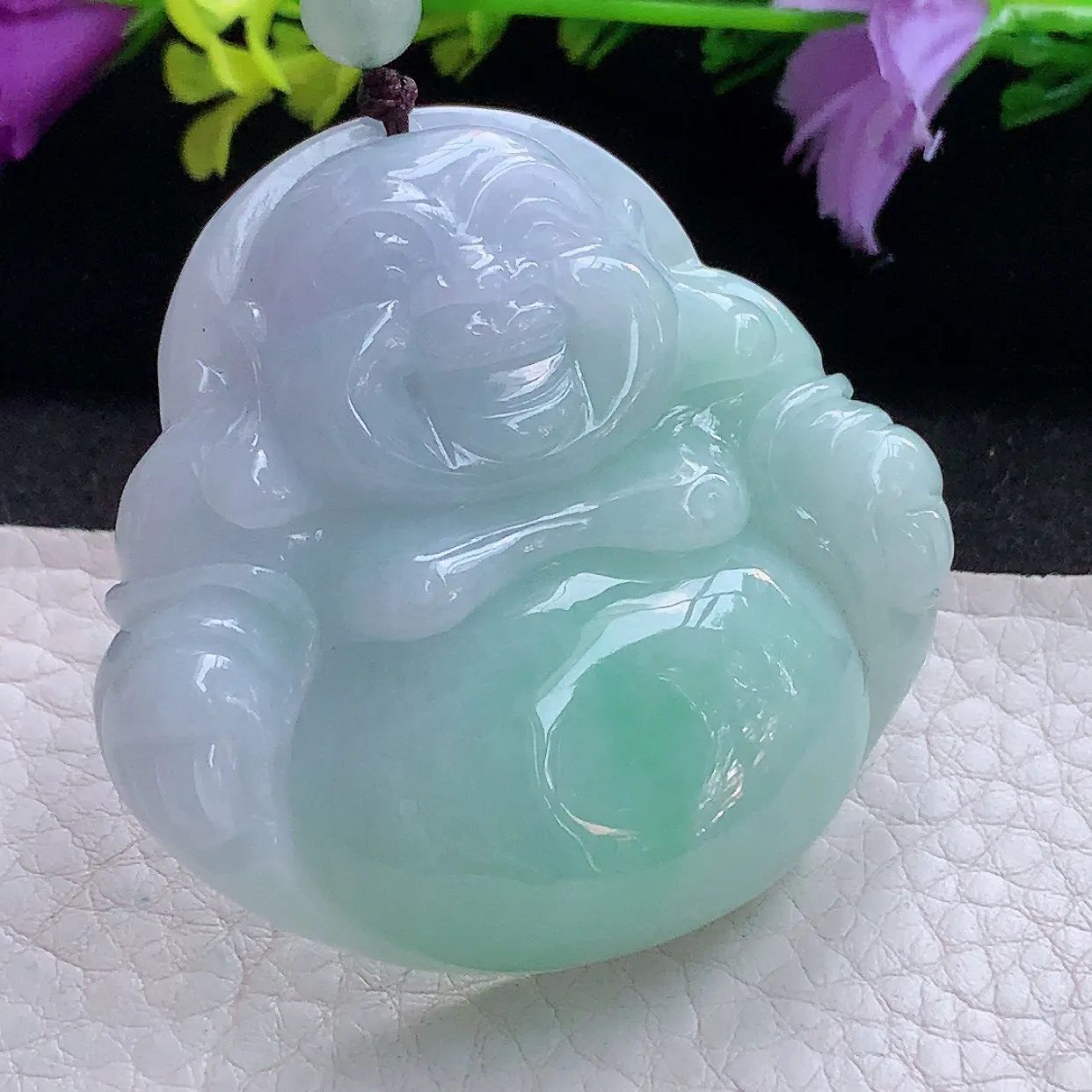 zen实拍48.2*50.2*12.2缅甸翡翠春带彩大佛公 弥勒佛玉挂件 毛衣坠