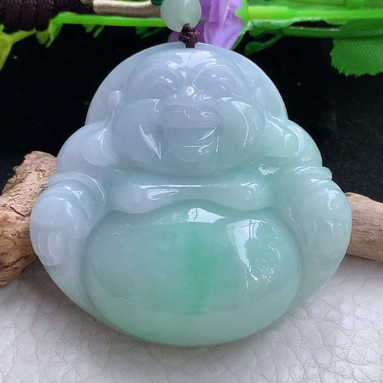 zen实拍48.2*50.2*12.2缅甸翡翠春带彩大佛公 弥勒佛玉挂件 毛衣坠