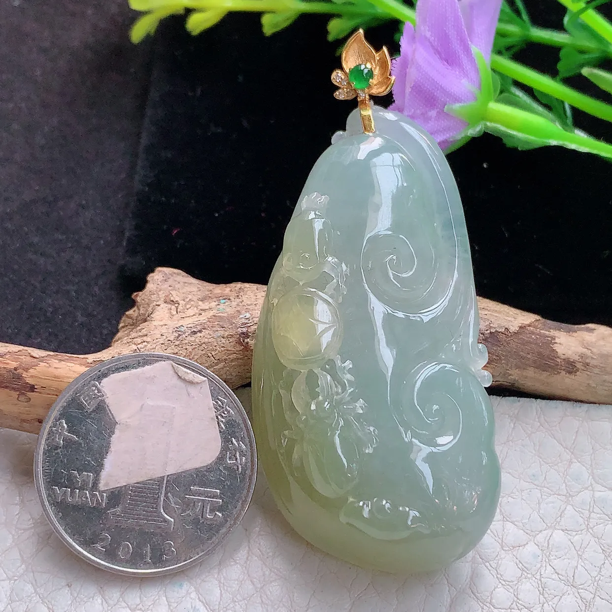 yl实拍53.3*27.5*13.6缅甸翡翠精雕冰双彩富甲天下玉项坠 玉挂件