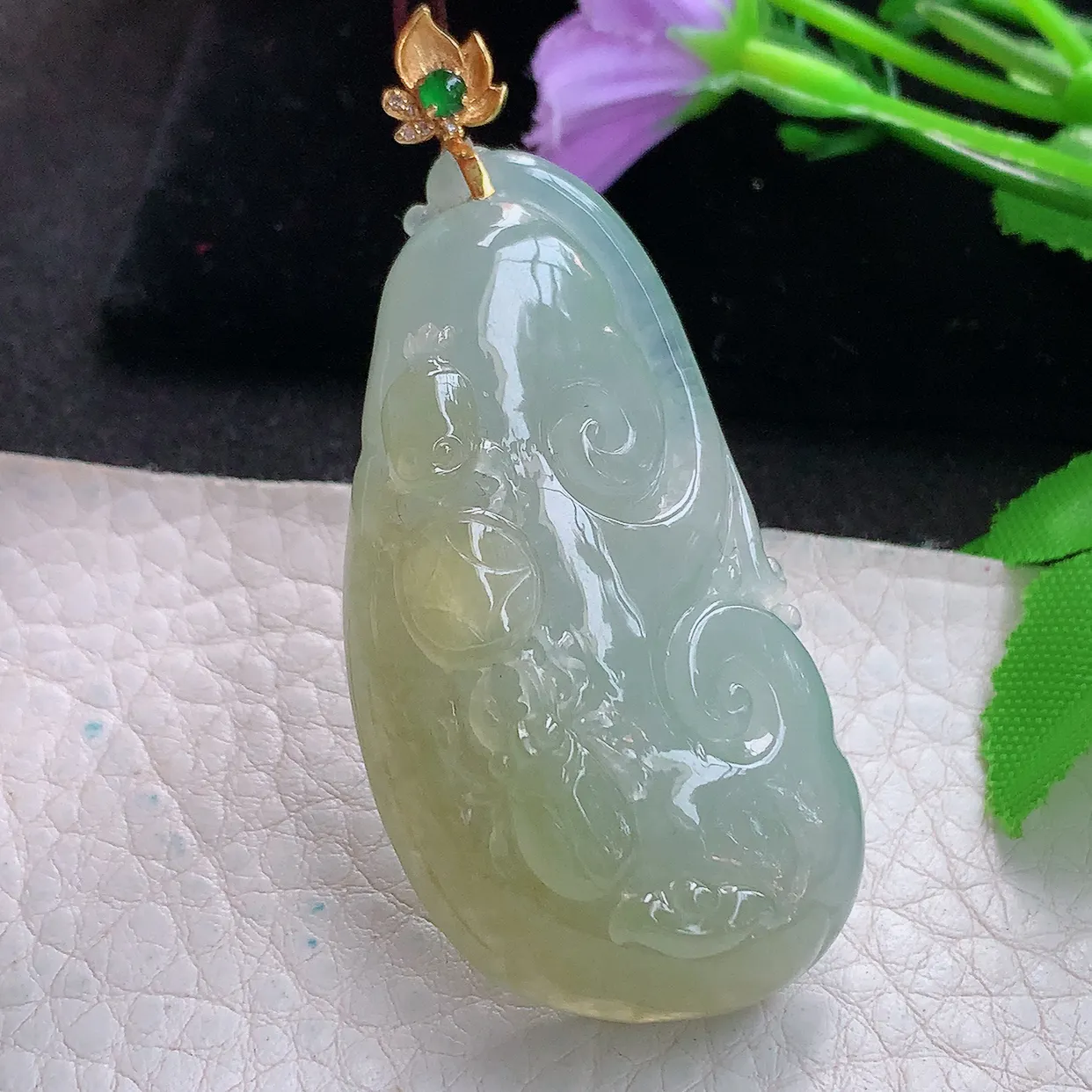yl实拍53.3*27.5*13.6缅甸翡翠精雕冰双彩富甲天下玉项坠 玉挂件